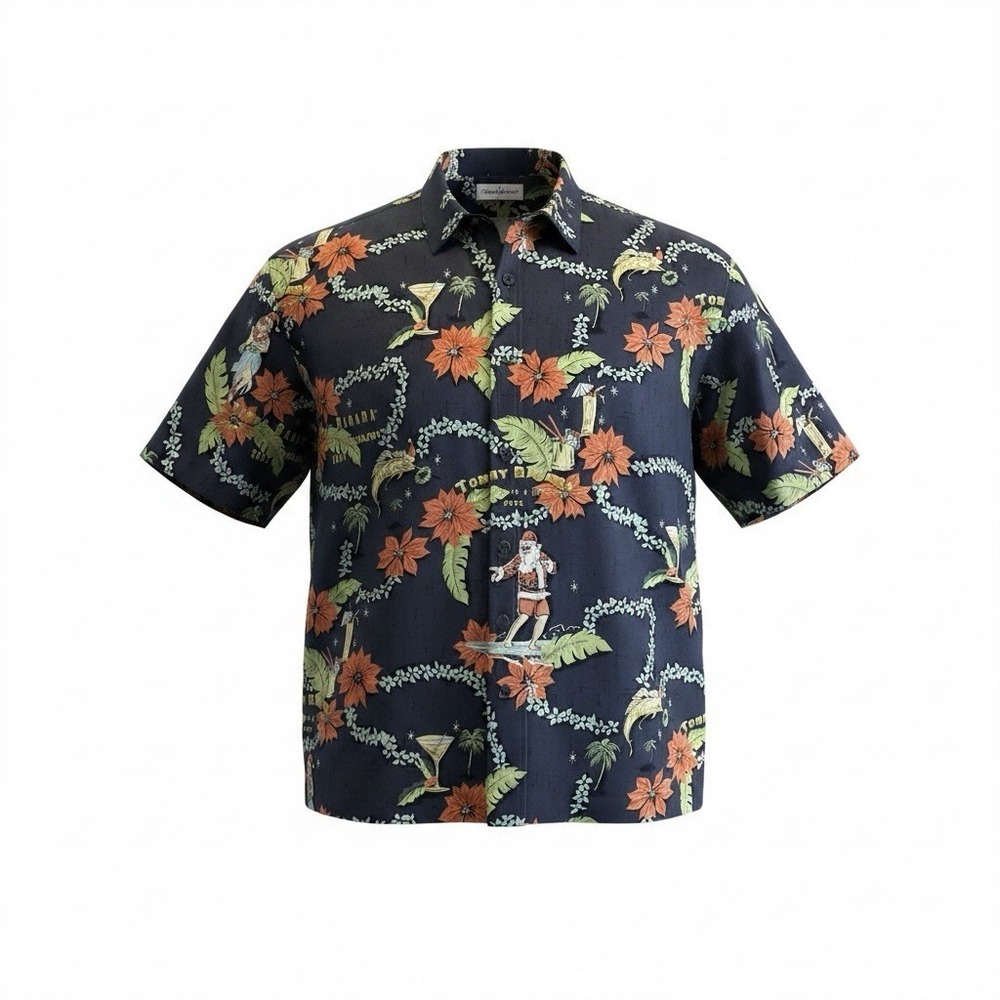 Tommy Bahama Black Red Shirt XXL 2002 Holiday Hula Girl Martini Floral 100% Silk